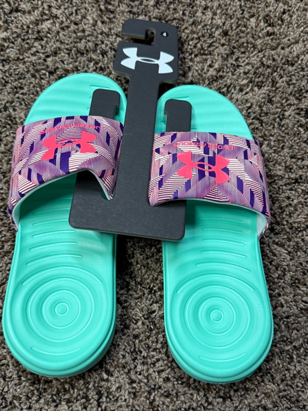 Under Armour Mint Green Slide Sandals with Patterned Strap